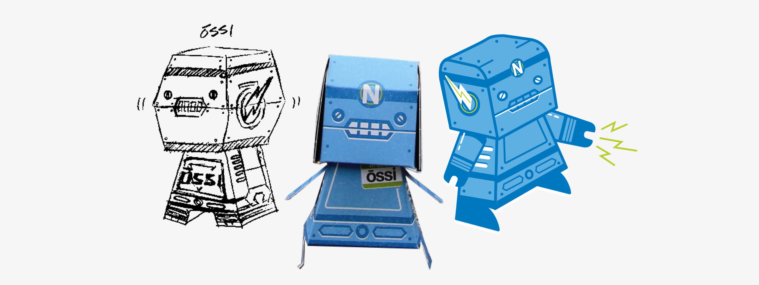 Ossi Illustrations Illustrations including concept sketch, printed and folded character, illustration of Ossi as part of a marketing campaign for Nossi College of Art, Nashville, Tennessee