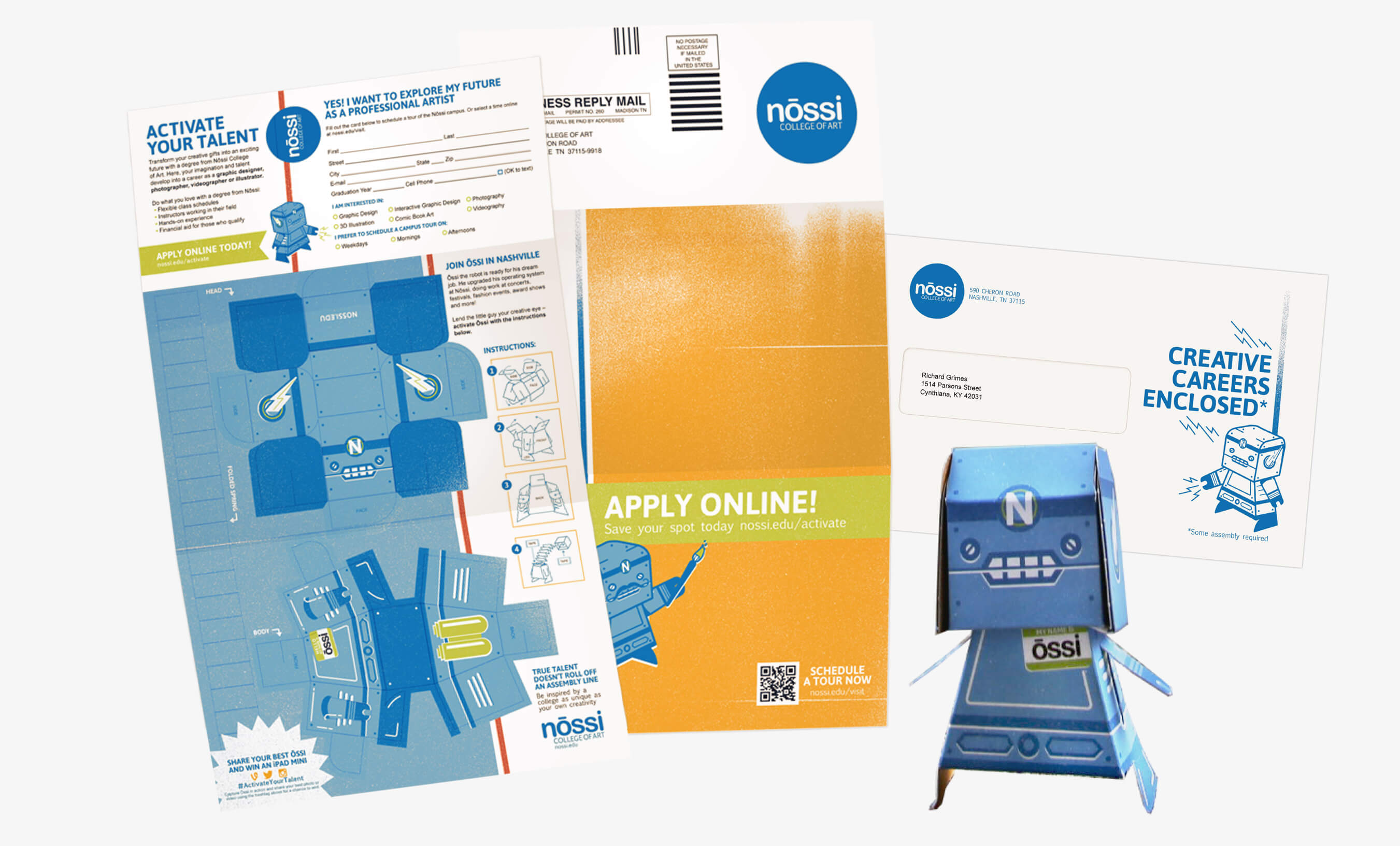 Printed Ossi Nossi Mailer Printed and foldable mailer of Ossi character as part of a mail marketing promotional campaign for Nossi College of Art, Nashville, Tennessee
