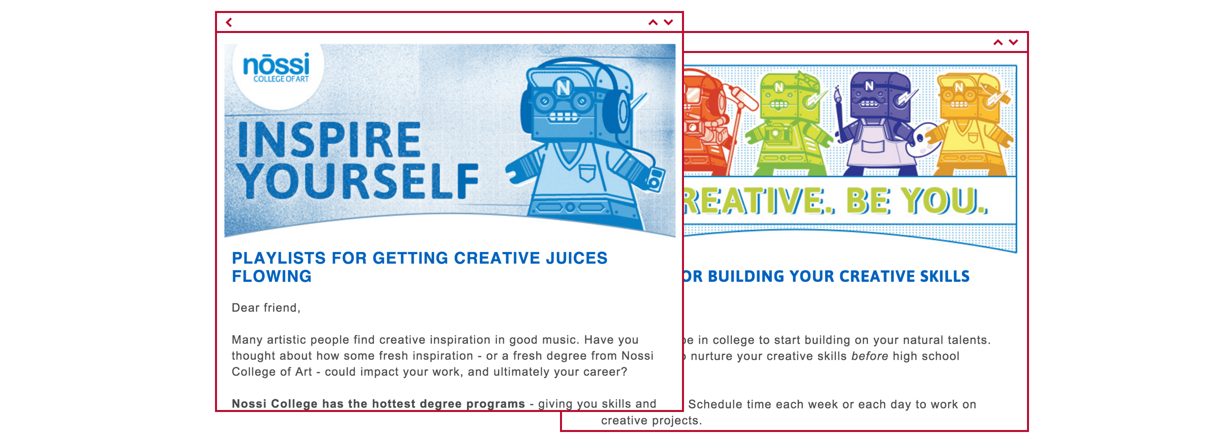 Nossi Email design Campaign emails in email windows as part of Ossi marketing campaing for Nossi College of Art, Nashville, Tennessee
