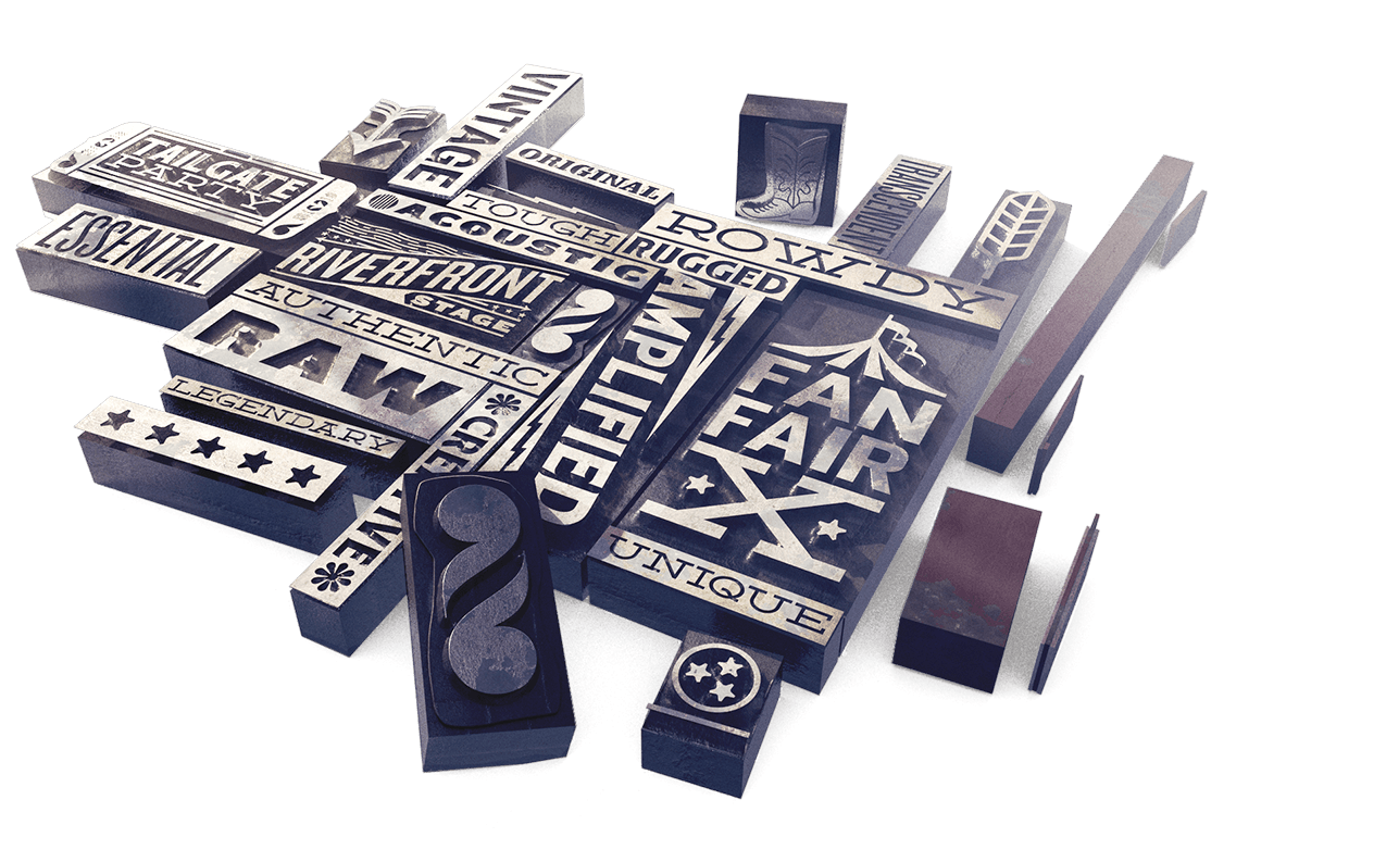 Letterpress wood block renderings featuring environment logos and branding elements for CMA Music Festival in Nashville, Tennessee