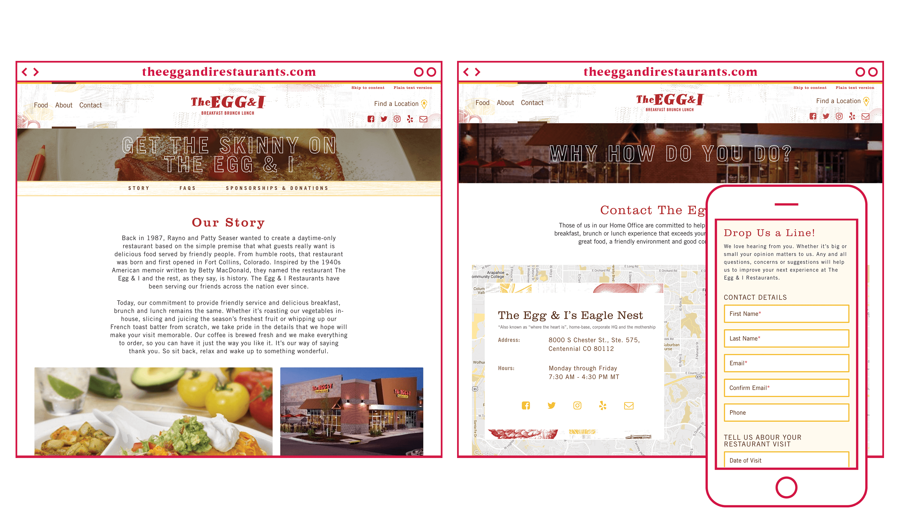 The Egg & I Website About and Contact pages design About and Contact website design for desktop, mobile, and tablet for The Egg & I Restaurants for ST8MNT Brand Agency case study