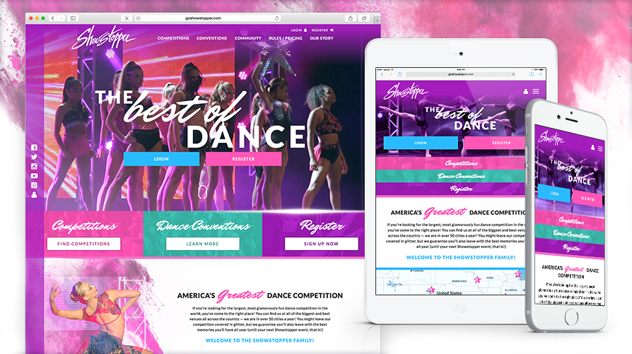 Desktop, tablet, mobile home page design of Showstopper dance web site for ST8MNT Brand Agency blog post