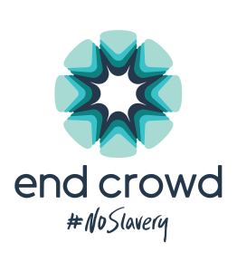 Full color logo mark and logo type featuring hashtag tagline #NoSlavery for End Crowd as part of visual identity system