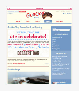 News Page design shown in web browser window for googoo.com for Goo Goo Cluser in Nashville, Tennessee