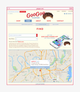 Find webpage design featured in web browser for googoo.com for Goo Goo Cluser in Nashville, Tennessee