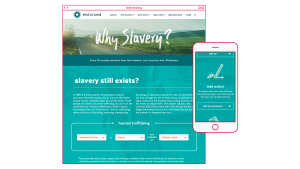 Responsive website design of Why Slavery? page featuring interactive slavery fact generator and brand iconography for endcrowd.org website for End Crowd