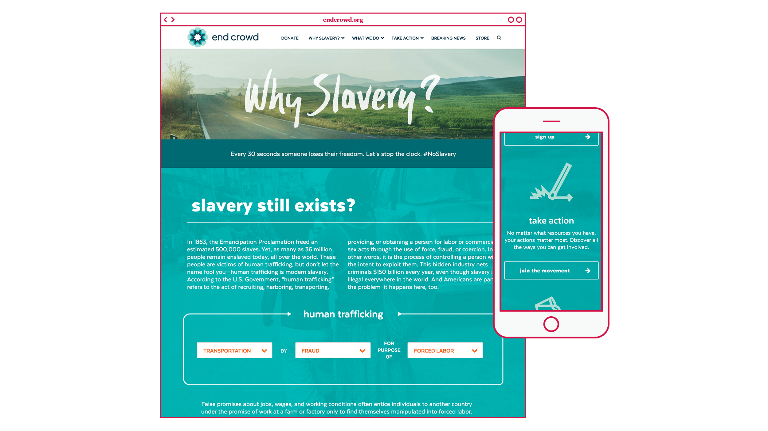 Responsive website design of Why Slavery? page featuring interactive slavery fact generator and brand iconography for endcrowd.org website for End Crowd