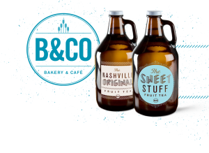 Circular logo and fruit tea growler packaging with branding elements for Bread & Company West End restaurant in Nashville, Tennessee