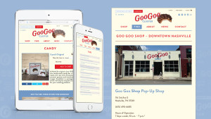 Website design with responsive tablet and mobile designs for Goo Goo Cluster Shop in Nashville, Tennessee