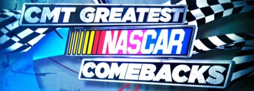 Title Card from Nashville, TN based CMT's Greatest NASCAR Comebacks TV Show intro designed and animated by Nashville's ST8MNT employing black and white checkered racing flags, streaming lines and blocky Gotham Ultra white type