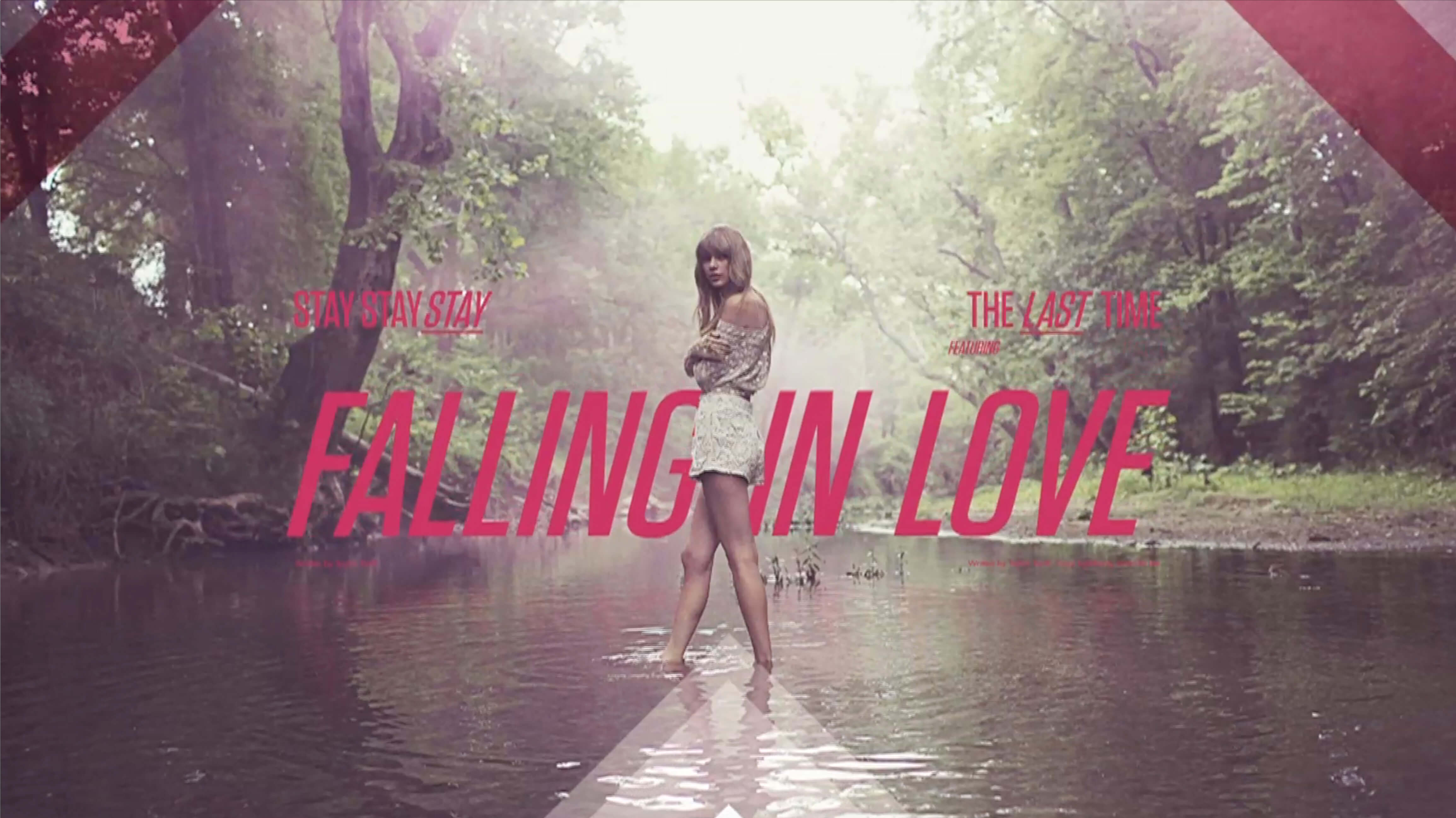 Stay Stay Stay The Last Time Falling in Love supers from New York, NY based Taylor Swift's RED TV Spot designed and animated by Nashville's ST8MNT employing tungsten italic red song titles set against album booklet design elements and photography