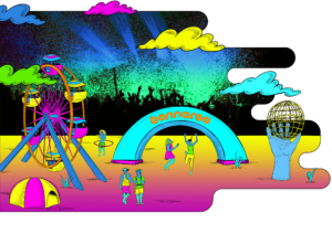Bonnaroo branding and Arch, Ferris Wheel, tents and Planet Roo Illustrations.