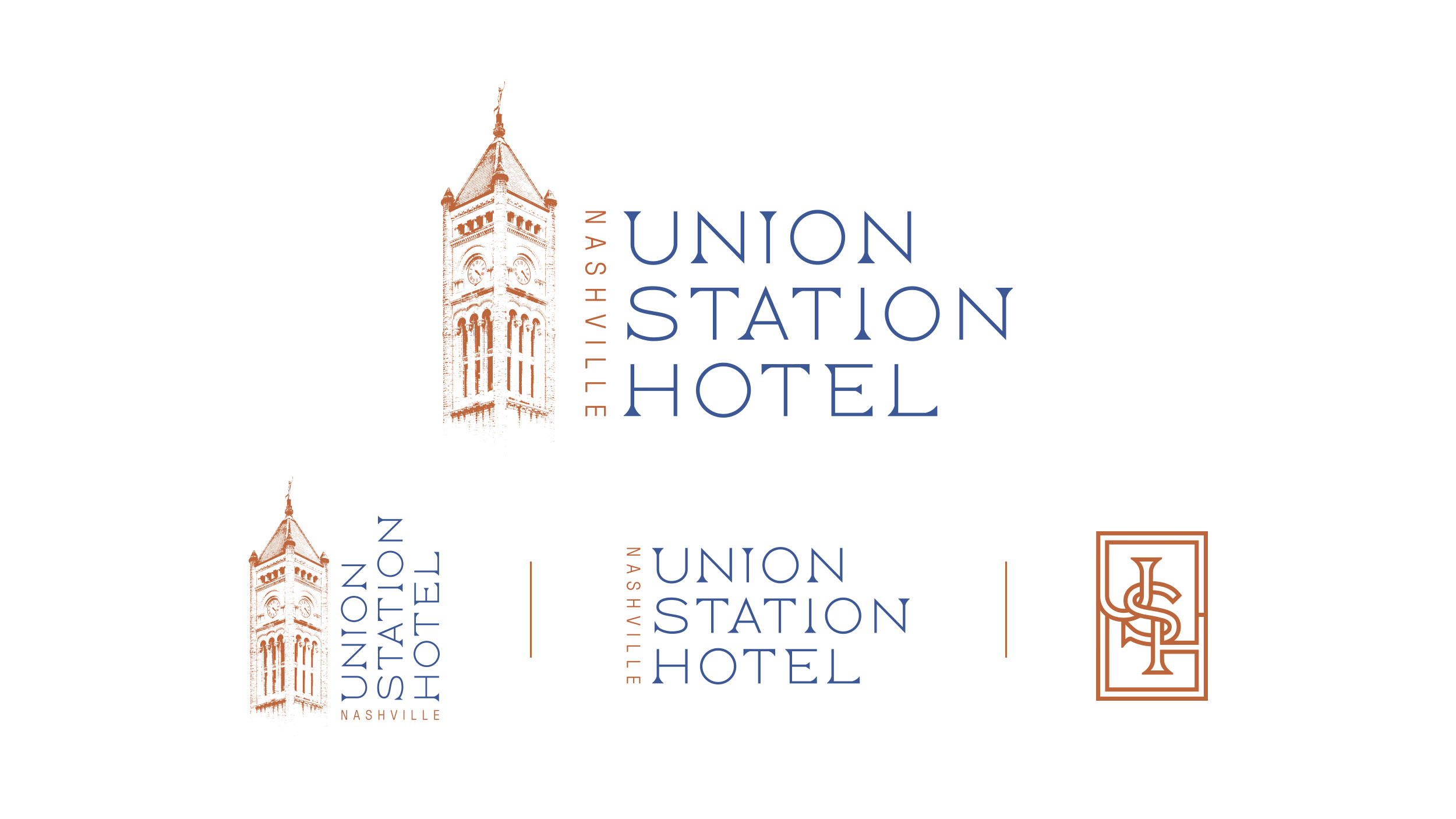 Main logo and logo alternatives including the monogram for the Union Station Hotel