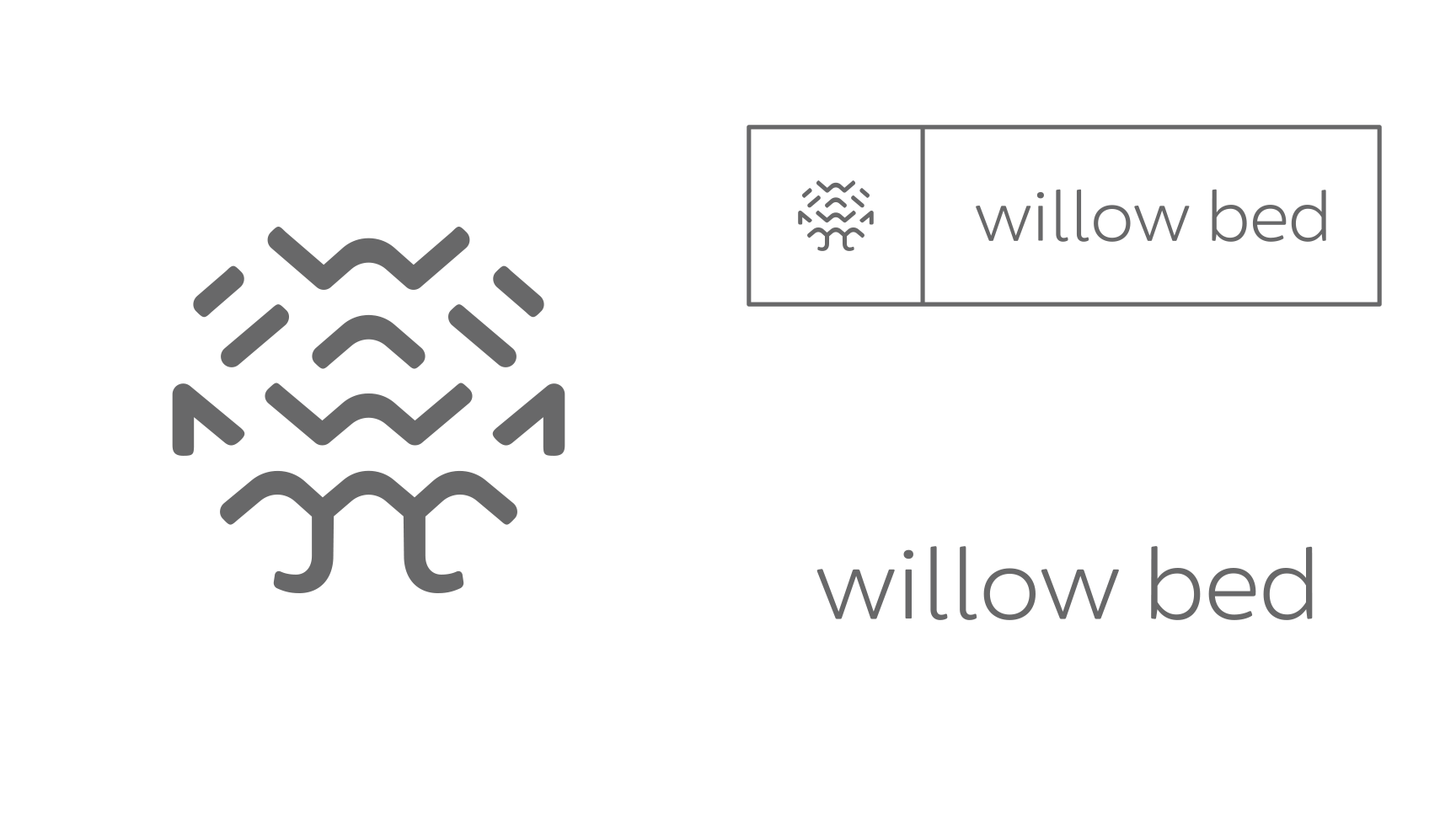 Logos designed for Willow Bed including willow tree icon, tag lockup and wordmark