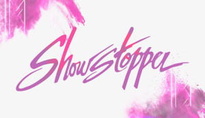 Showstopper logo with branding elements including pink image treated dust bursts for Showstopper in Myrtle Beach, South Carolina