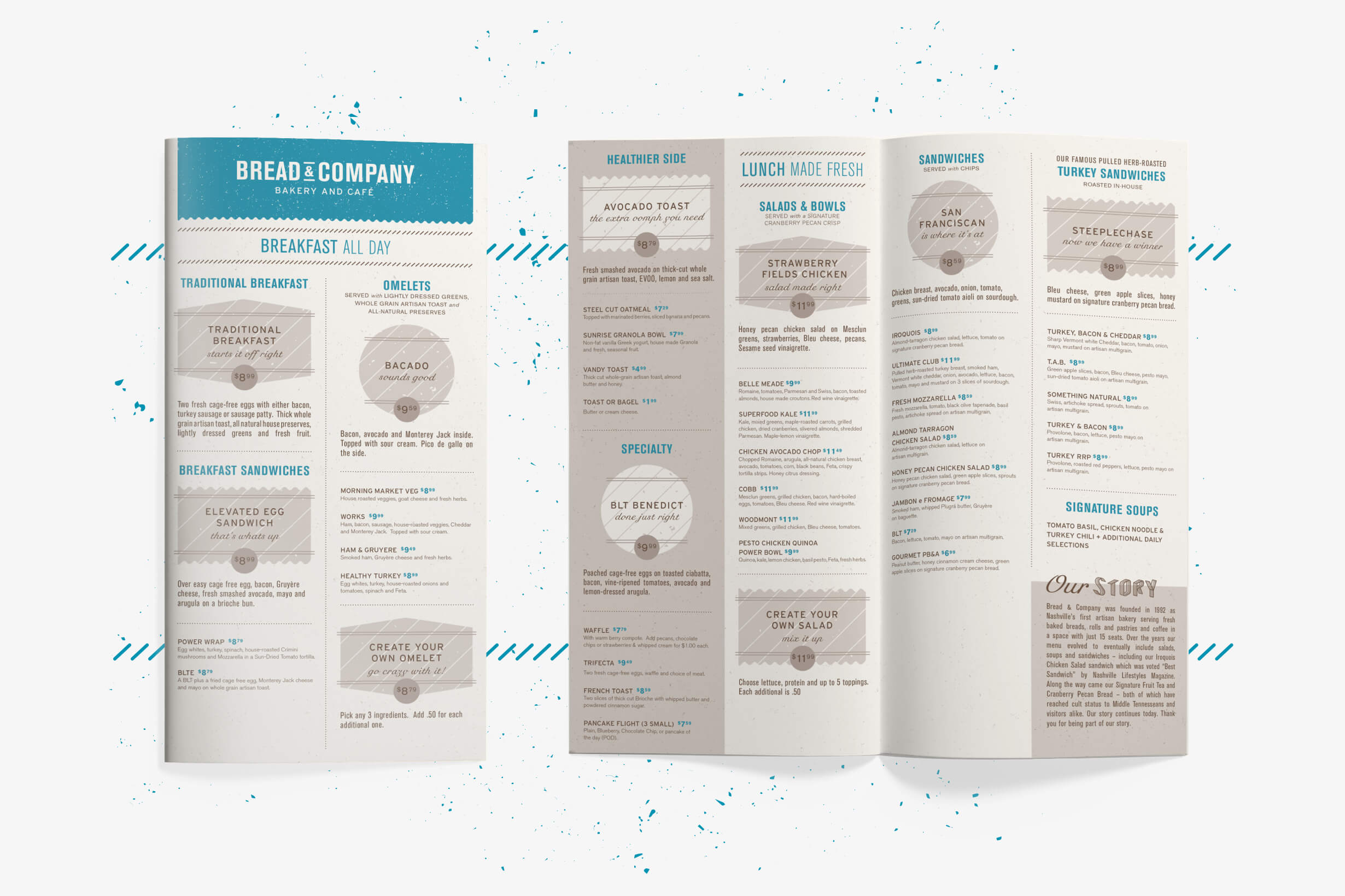 Bread & Company printed menu layout and design for restaurant location in the West End neighborhood, Nashville, Tennessee