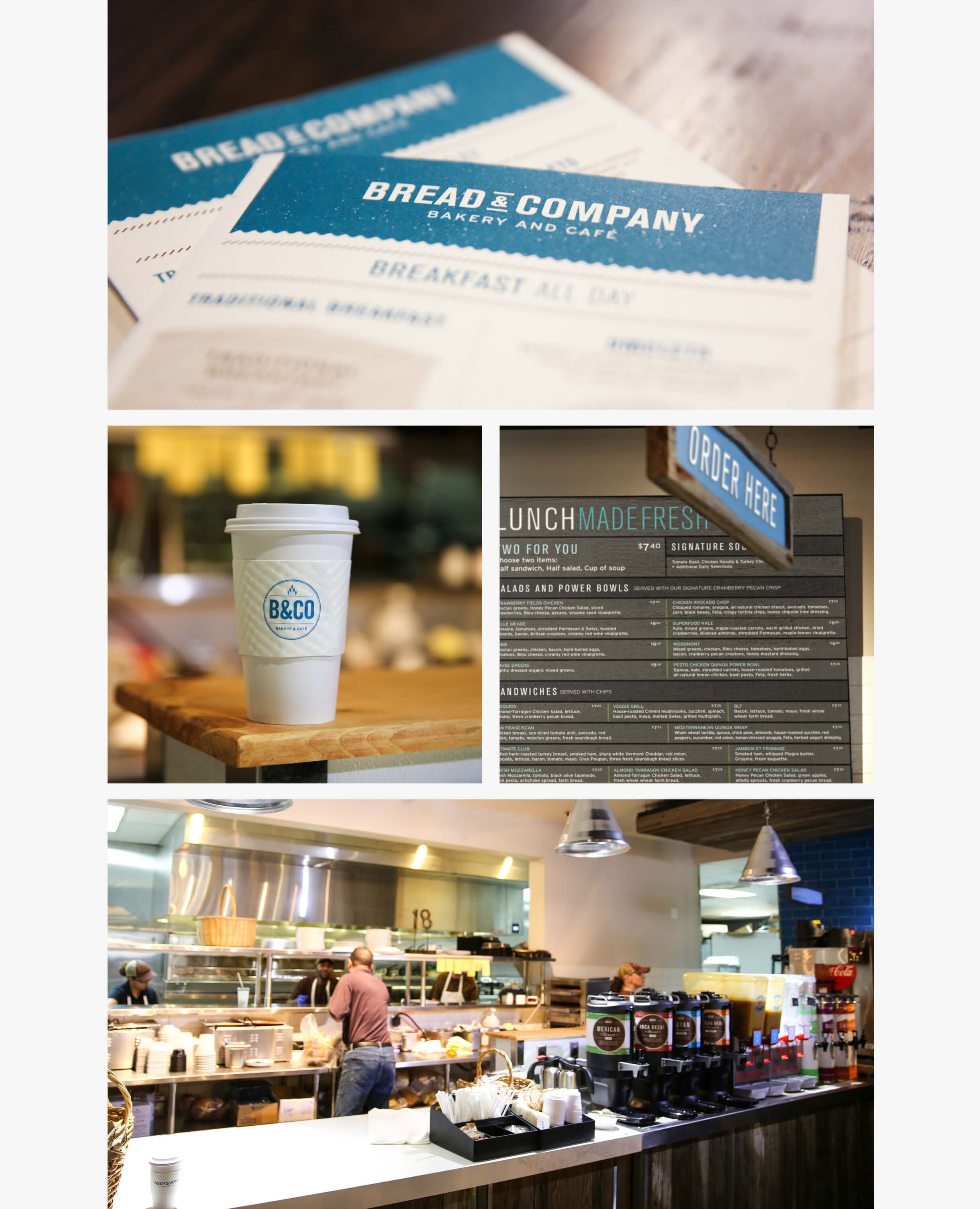 Signage, coffee cup, bubblers and menu design for Bread & Company.