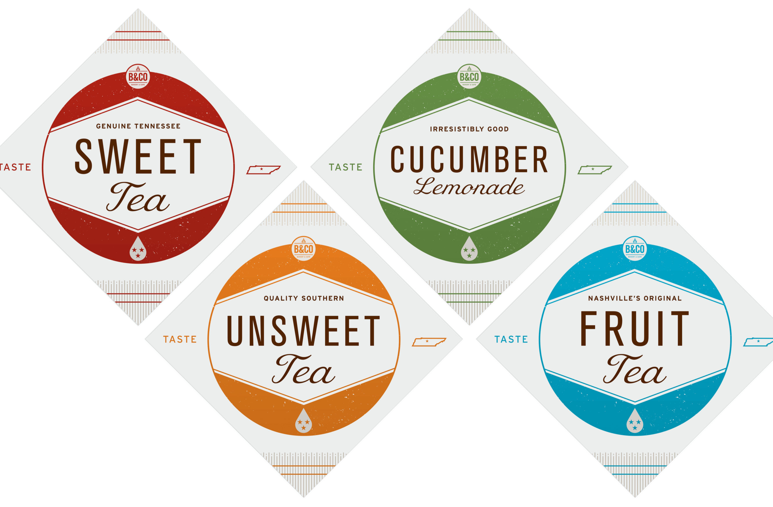 Bread & Company tea bubbler dispenser signage design for sweet, unsweet, fruit teas and cucumber lemonade for B&Co restaurant in Nashville, Tennessee