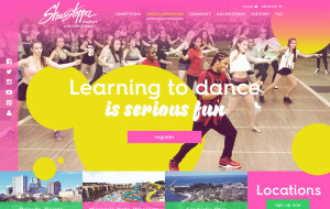 Header design for the dance conventions page featuring bright colors and other branding elements on goshowstopper.com for Showstopper in Myrtle Beach, South Carolina
