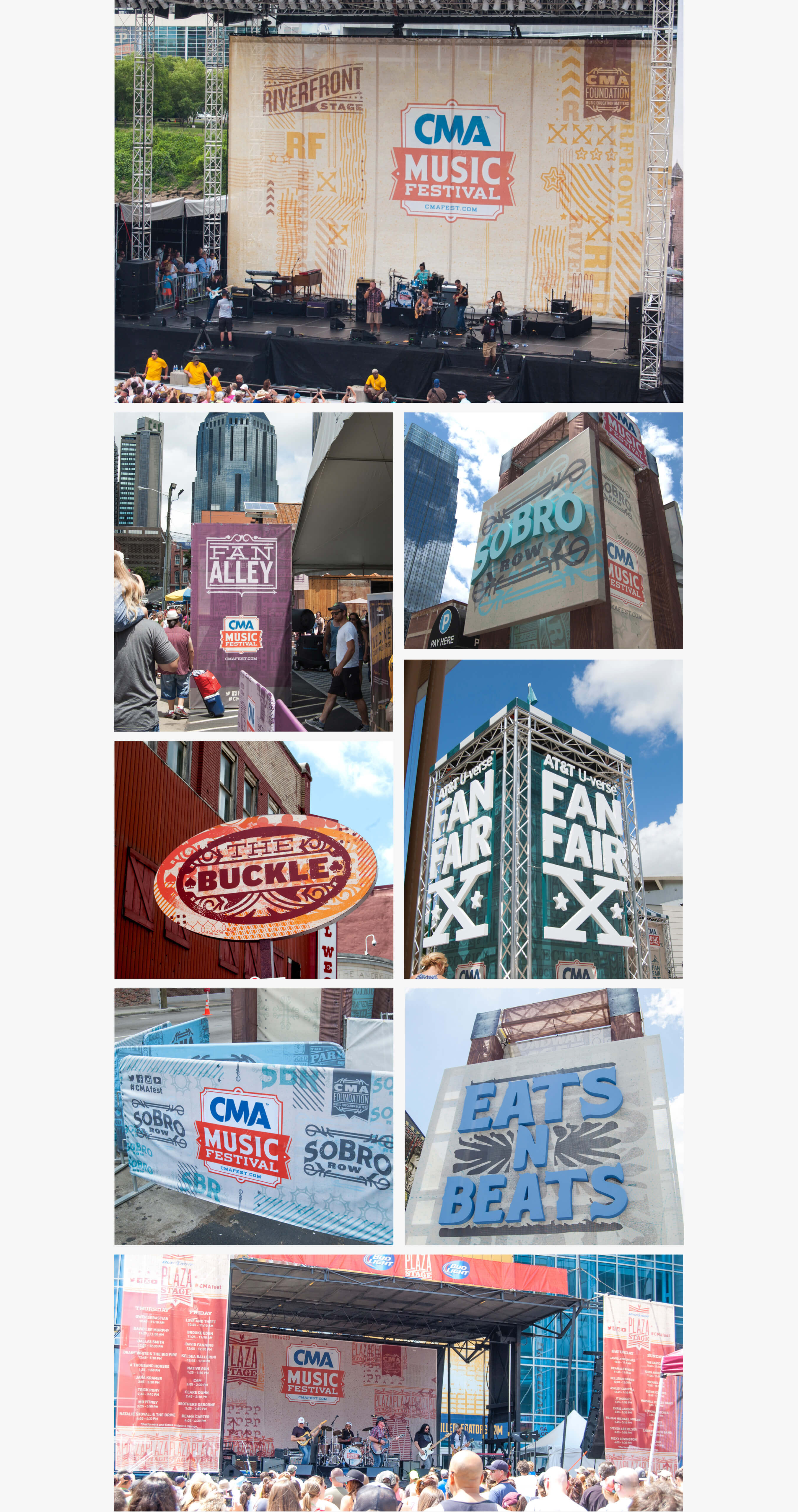 Photos of Riverfront Stage backdrop, Fan Alley signage, SoBro Row sign and bike rack, The Buckle sign, AT&T U-verse Fan Fair X sign, Eats N Beats sign and Plaza Stage backdrop and banners for CMA Music Festival in Nashville, Tennesee