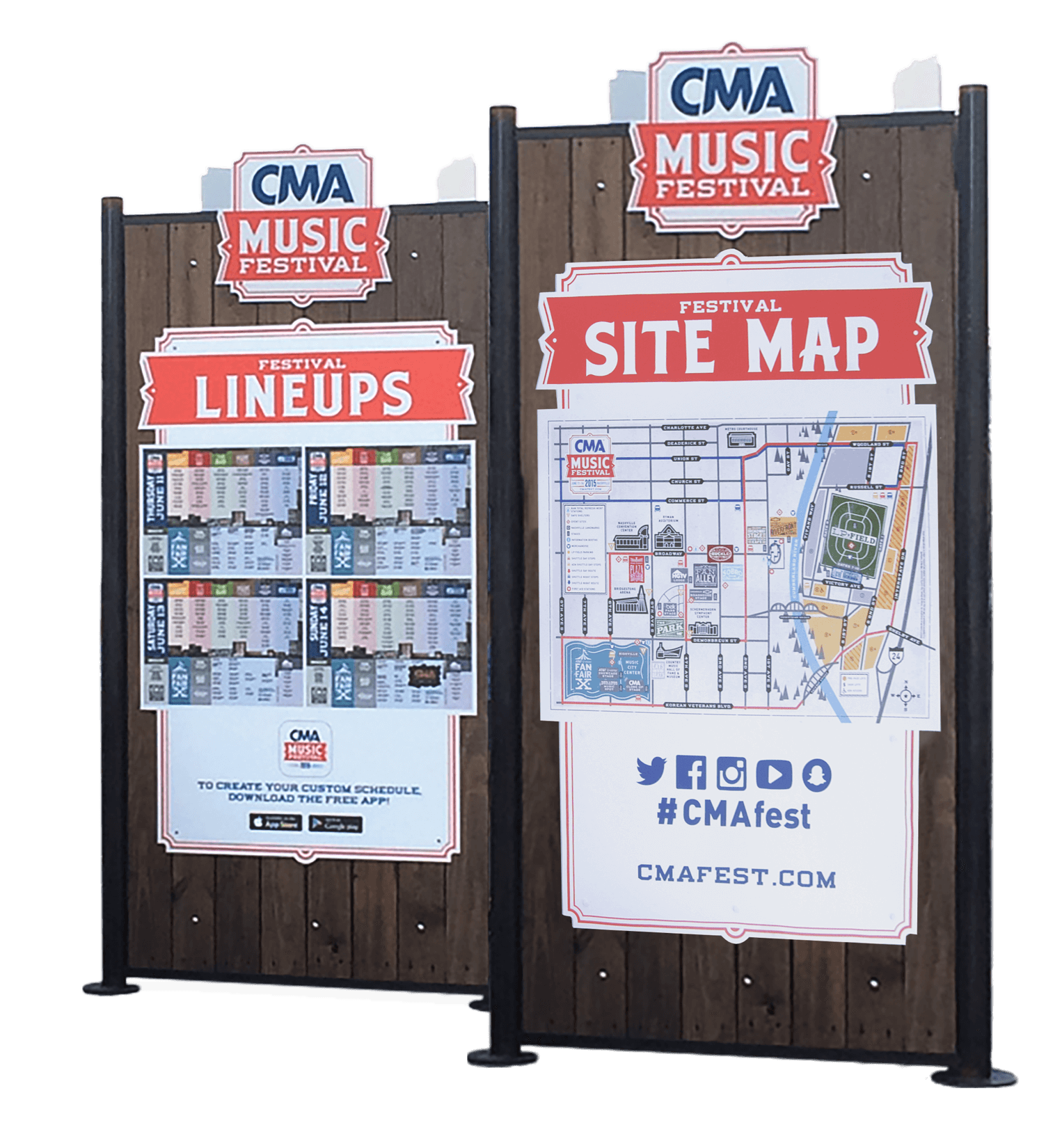 Sign stands for festival lineups and site map for CMA Music Festival in Nashville, Tennesee
