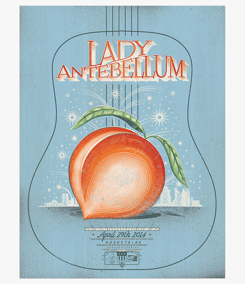 Poster design, illustration, lettering, typography featuring a peach and monolinear guitar with custom typography for Lady Antebellum concert in Augusta, Georgia
