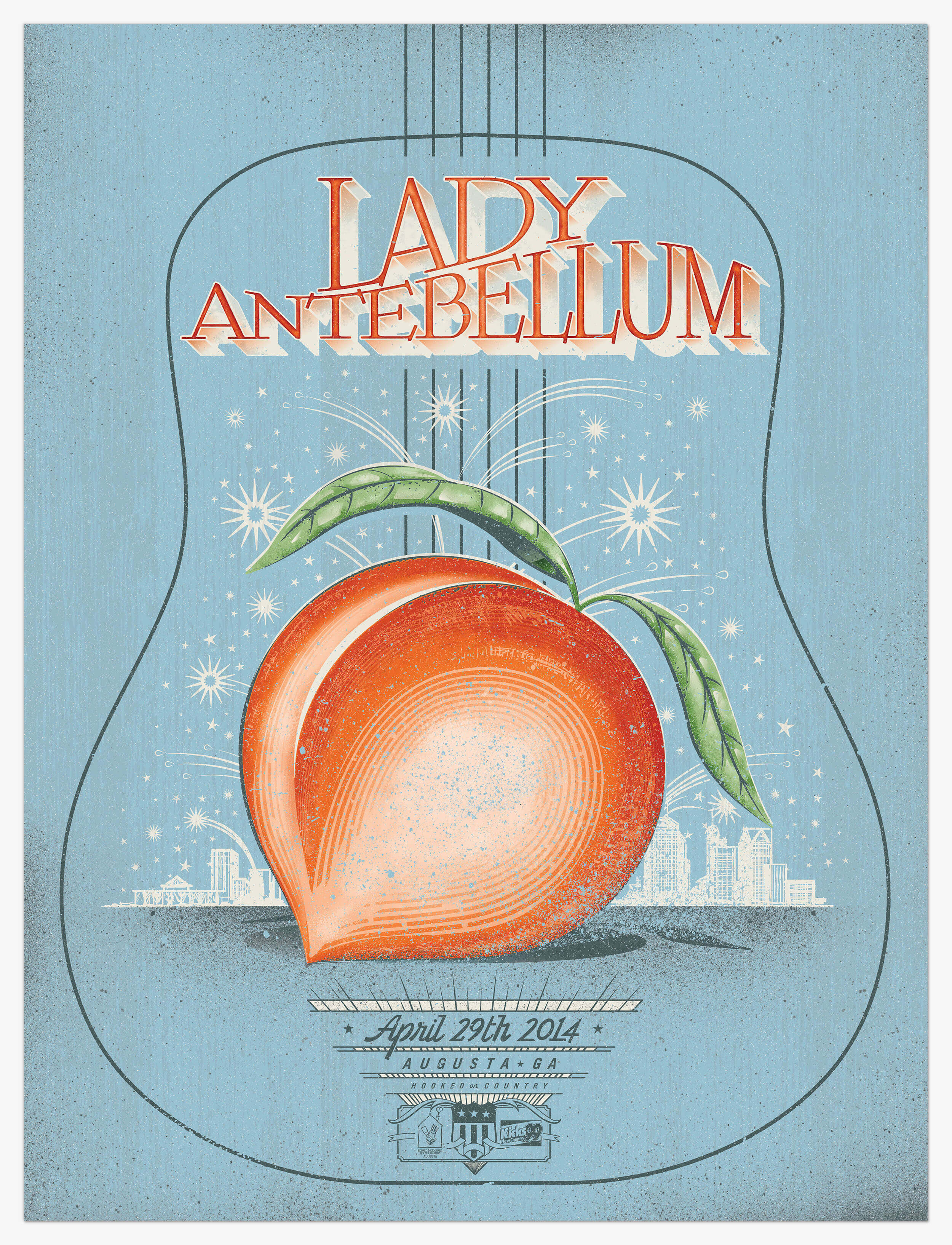 Poster design, illustration, lettering, typography featuring custom typography, a peach and monolinear guitar with fireworks for Lady Antebellum concert in Augusta, Georgia