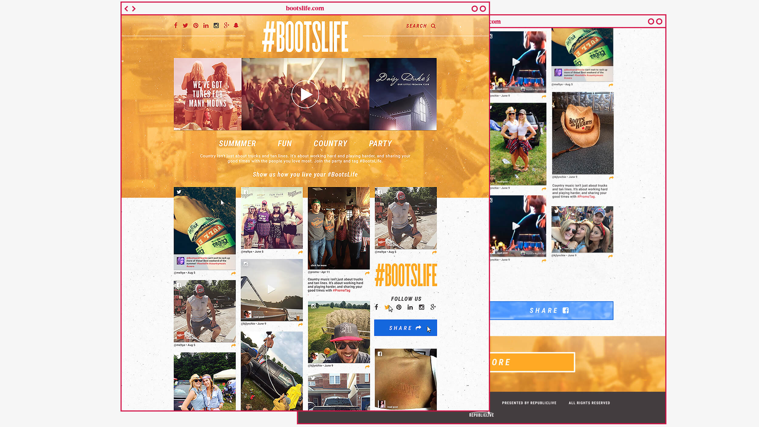 BootsLife digital site design including social aggregation for Boots and Hearts Music Festival in Canada