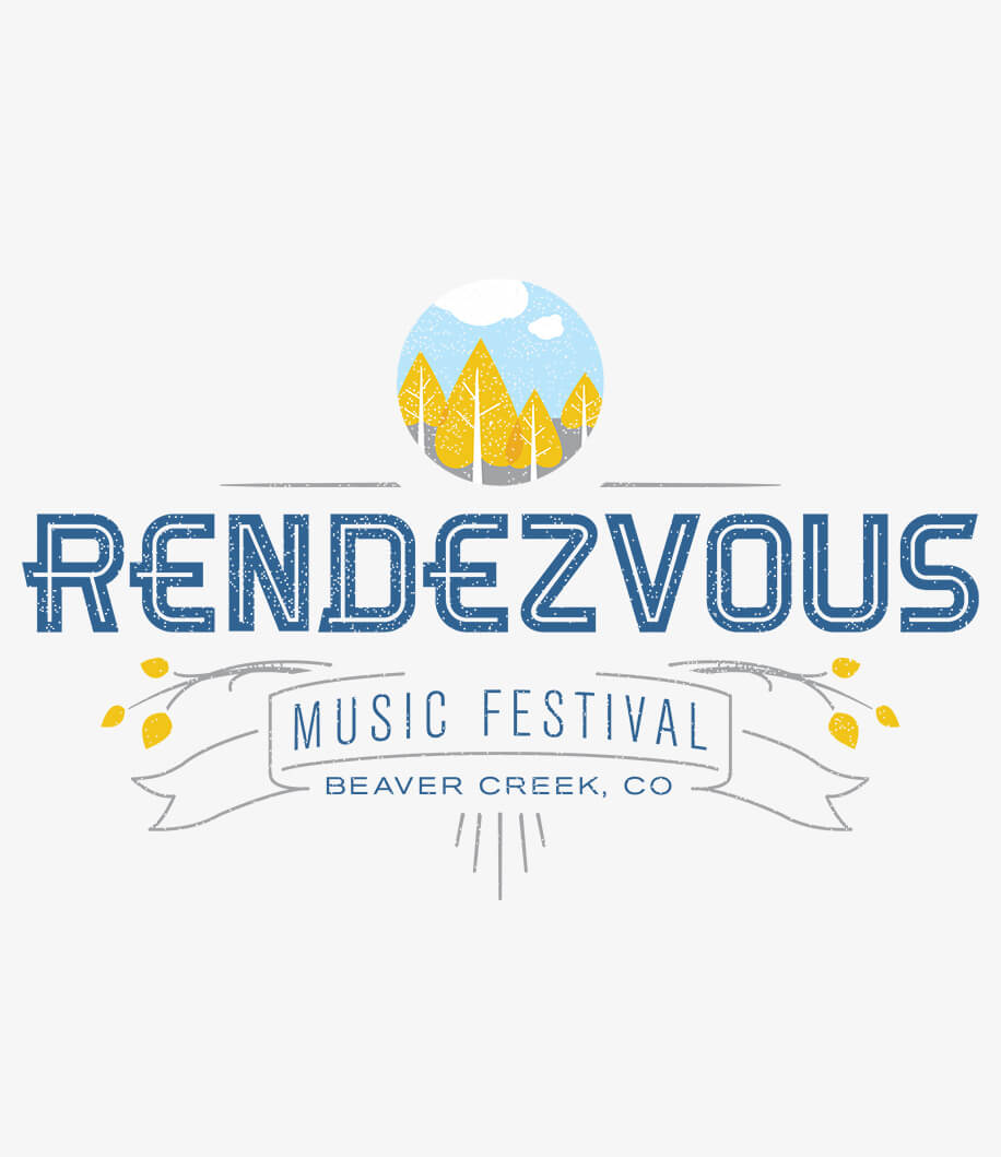 Full color logo featuring typographic lockup and illustration for Rendezvous Music Festival in Beaver Creek, Colorado