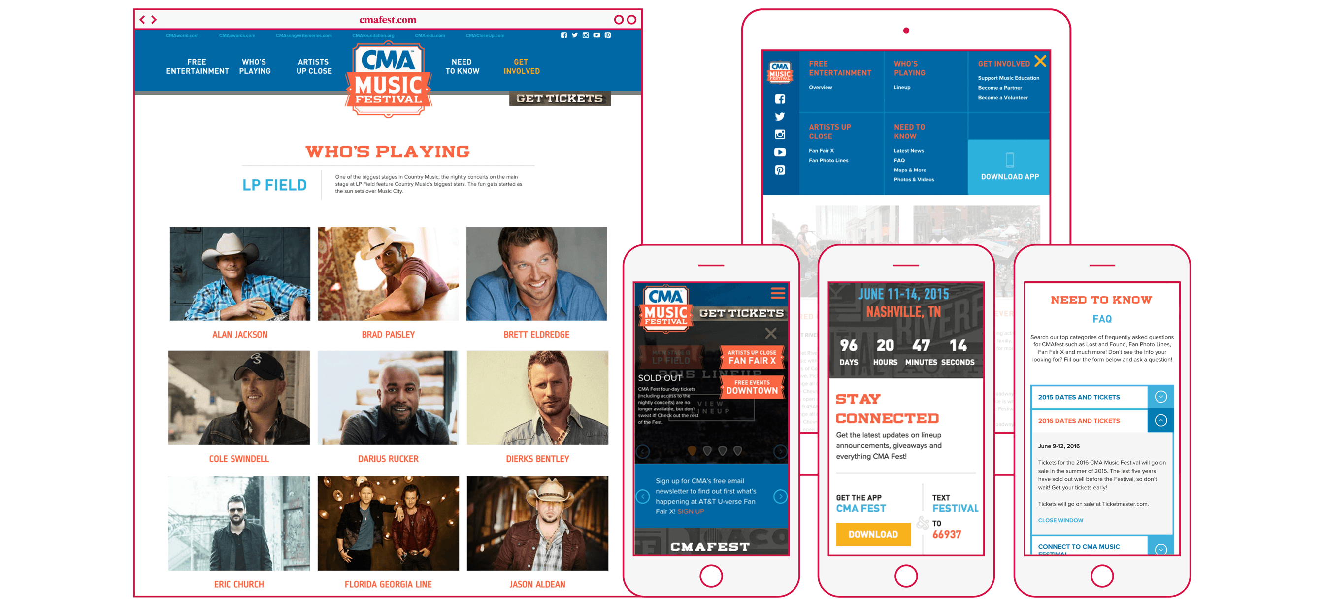 CMA Music Festival website pages shown in a browser window and mobile devices for cmafest.com