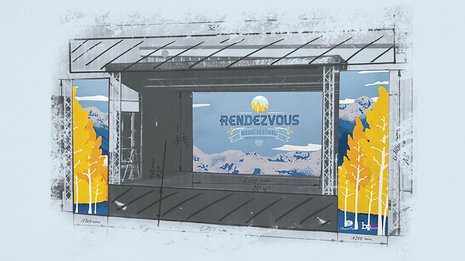 Stage backdrop and scrims design featuring logo and key art illustrations for Rendezvous Music Festival in Beaver Creek, Colorado