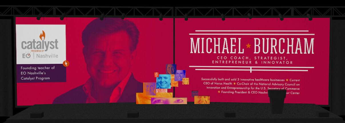 Speaker presentation screen for Michael Burcham at EO Nerve conference, Nashville, Tennessee