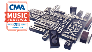 Letterpress wood block renderings featuring environment logos and branding elements for CMA Music Festival in Nashville, Tennessee