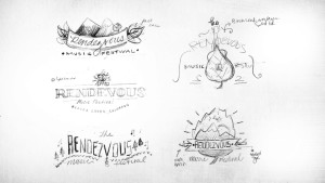 Logo sketch ideas featuring typographic lockups and illustrations for Rendezvous Music Festival in Beaver Creek, Colorado