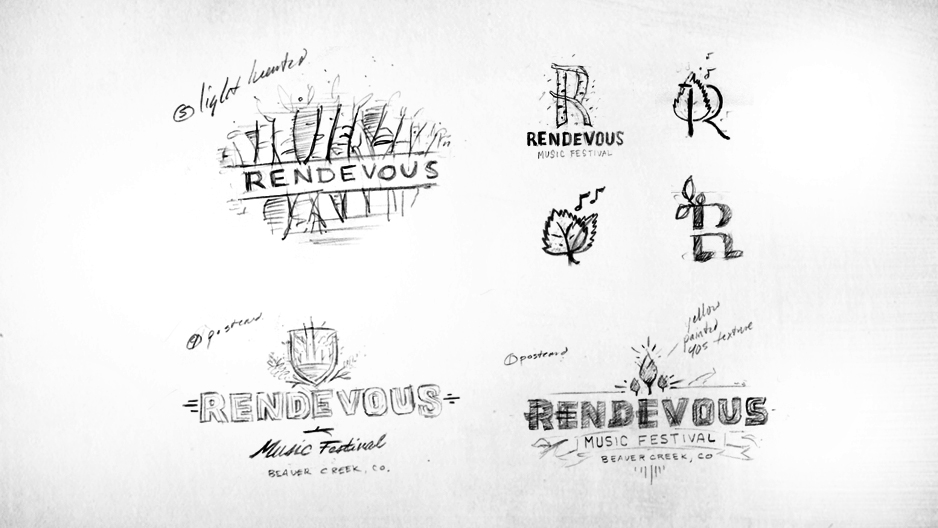 Logo sketch ideas featuring illustration and typographic lockups for Rendezvous Music Festival in Beaver Creek, Colorado