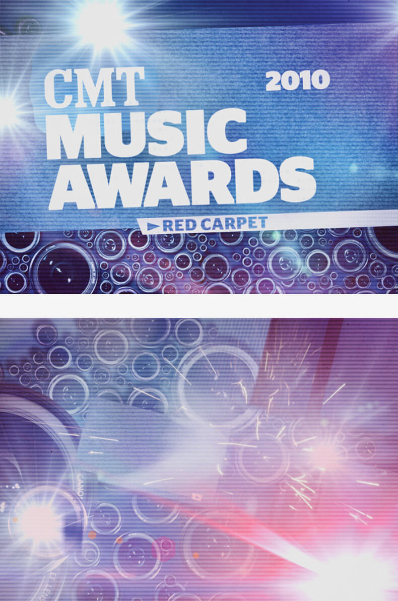 Title Card from Nashville, TN based CMT's 2010 Music Awards intro video designed and animated by Nashville's ST8MNT employing lens flares, camera lens, apertures, stag sans black and a blue black and white color palette
