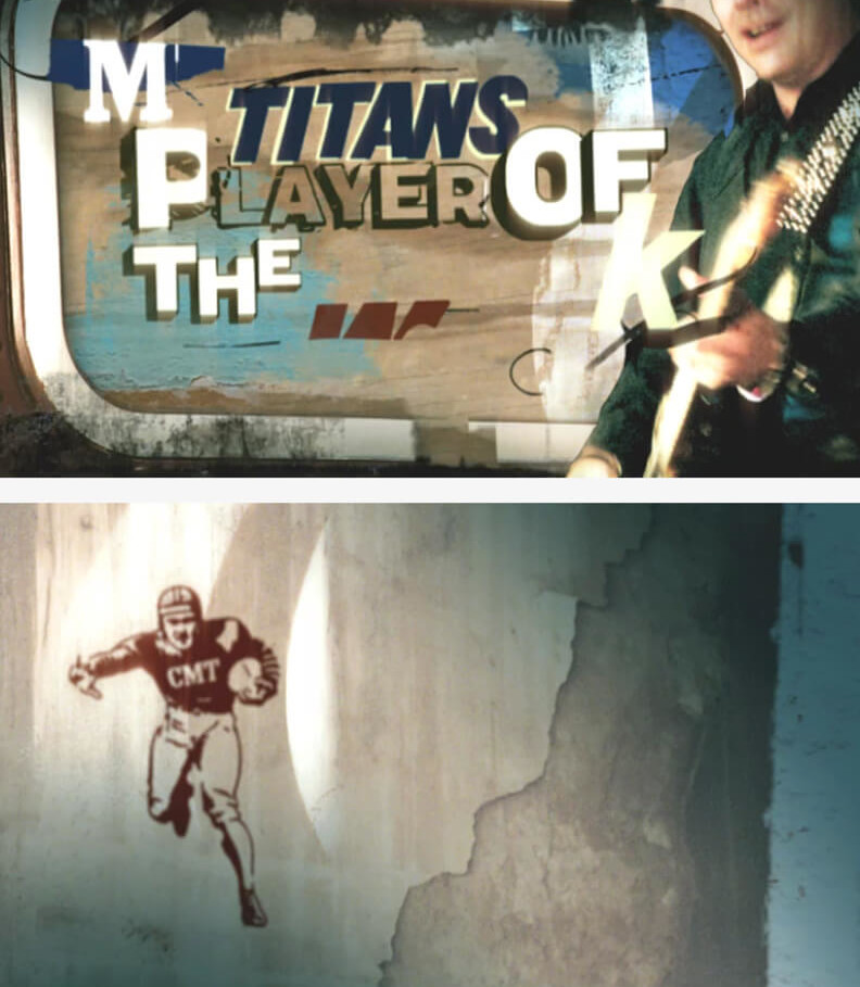 Title Card and running man from Nashville, TN based CMT's Titans Player of the Week designed and animated by ST8MNT employing running sign painting typography and a country musician strumming a guitar
