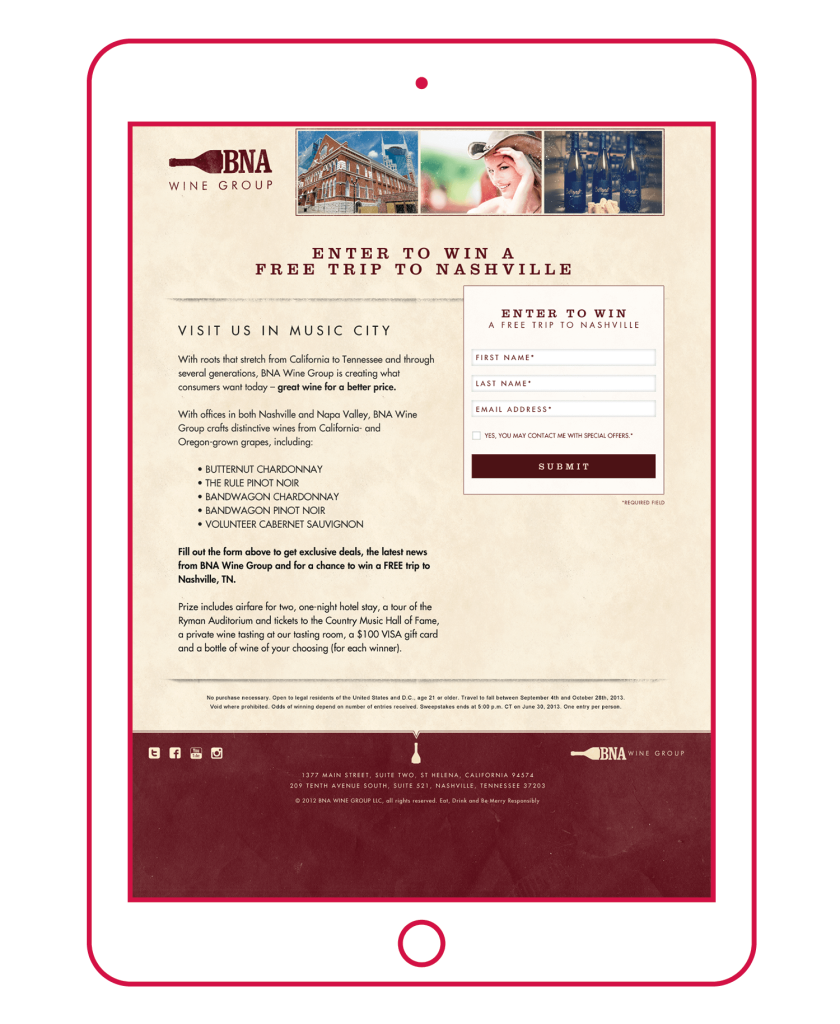Trip to Nashville, Music City contest webpage design for BNA Wine Group, Napa, California