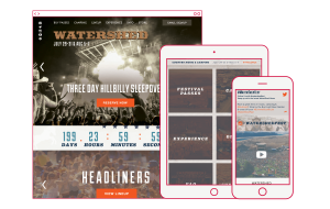 Watershedfest.com website design shown on browser window, tablet and mobile devices for Watershed Festival in George, Washington