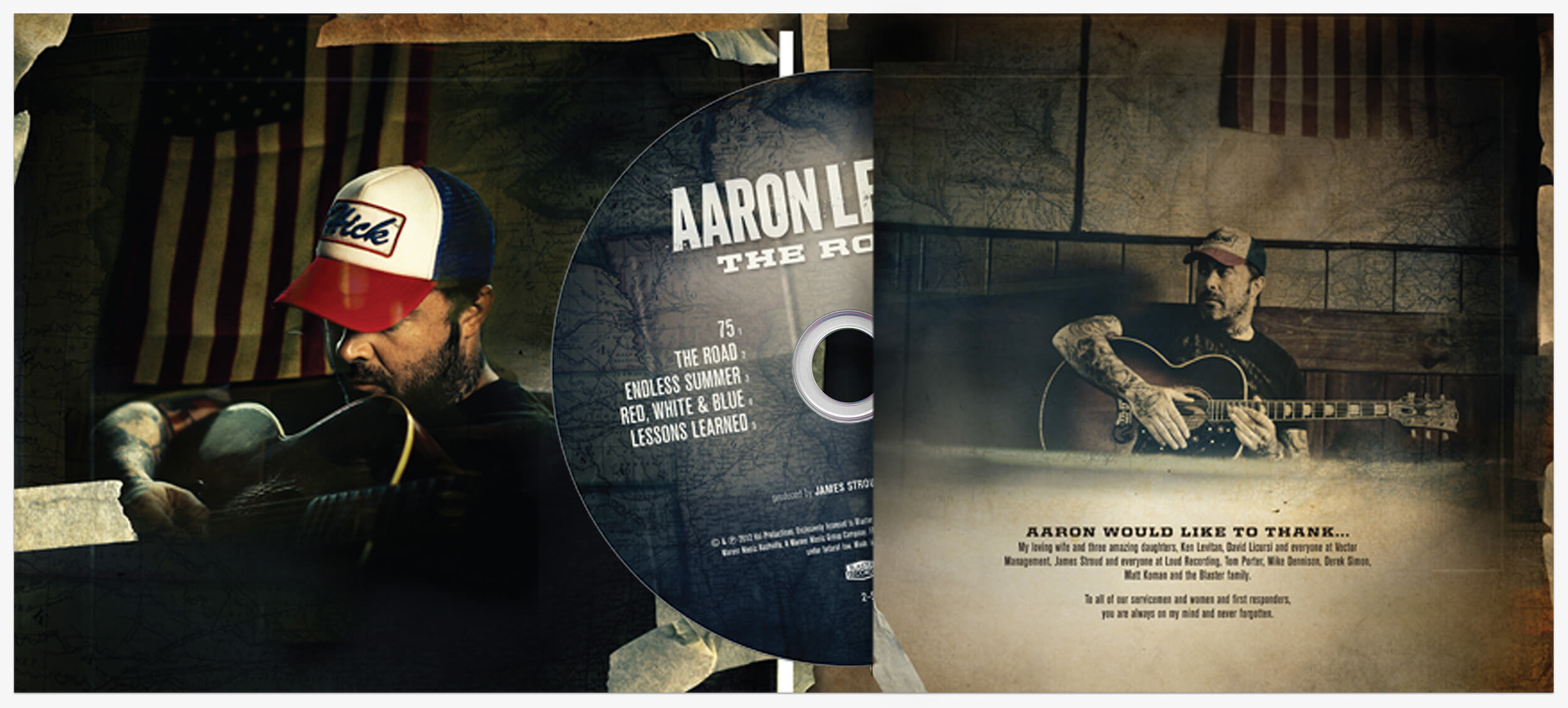 Inside spread and disc CD packaging design for Aaron Lewis The Road