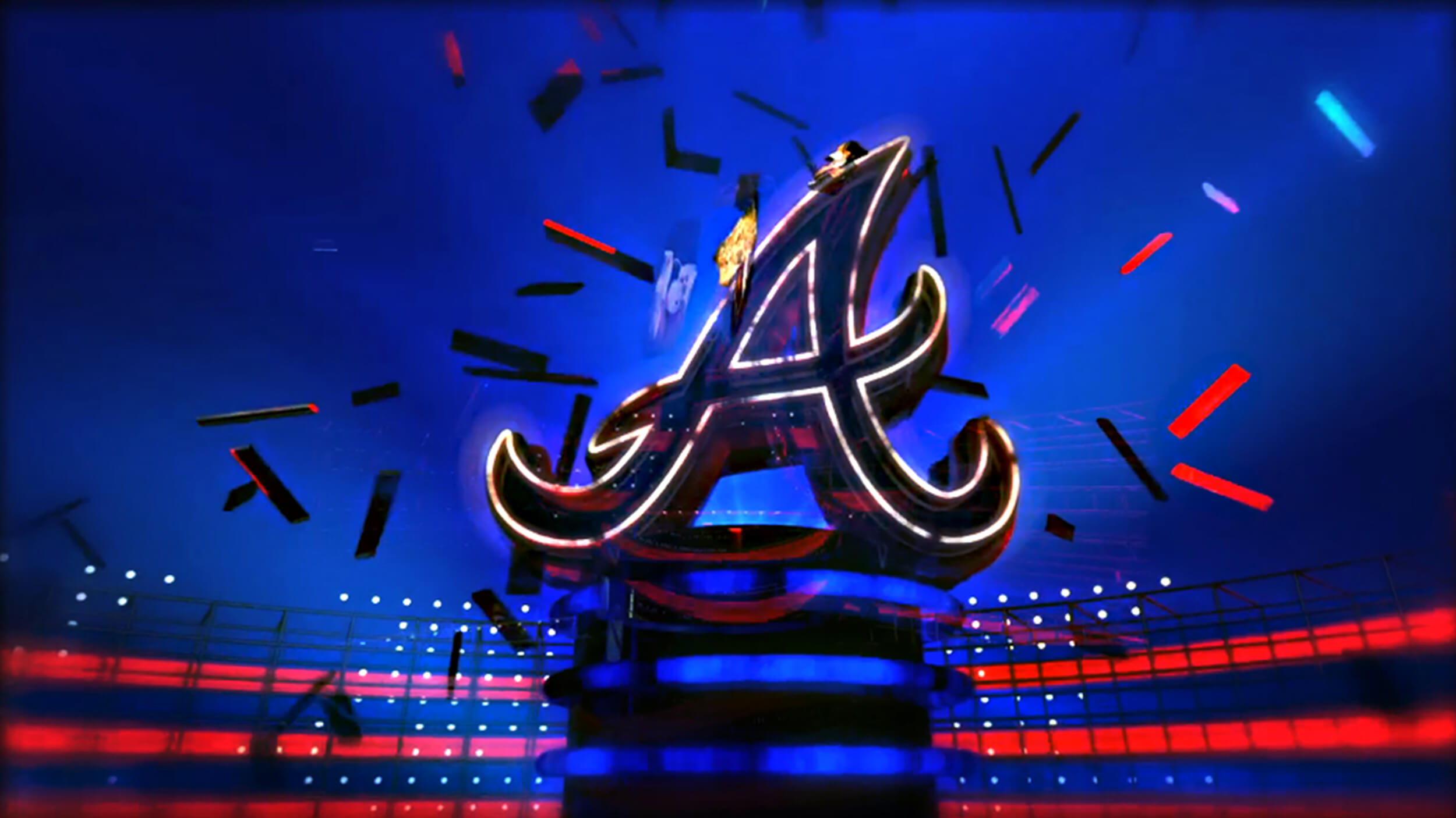 Motion video design screen still of 'A' logo with neon renderings for the Atlanta Braves MLB Major League Baseball team