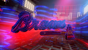 Screen still of motion design video including neon renderings and logo for Atlanta Braves
