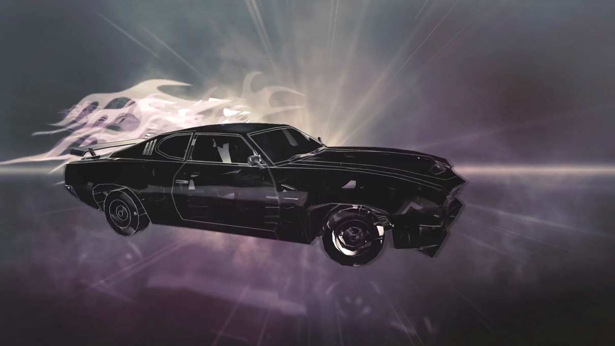 Detail screen still of chrome muscle car motion design rendering for Tattoo Titans on CMT