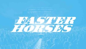 One color Faster Horses logo type on blue color treated crowd photo from Faster Horses Festival in Brooklyn, Michigan