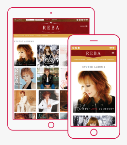 Reba.com Reba McEntire's responsive albums page in mobile and tablet views. Starstruck Management Group in Nashville, Tennessee