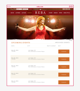 Reba.com website design of upcoming events page for Starstruck Management Group in Nashville, Tennessee