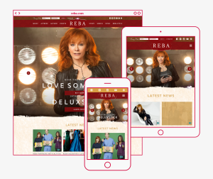 Reba.com Reba McEntire's home page in mobile and tablet views. Starstruck Management Group in Nashville, Tennessee
