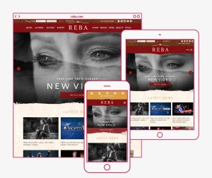 Responsive website design of reba.com homepage shown on browser window, tablet and mobile device for Starstruck Management Group in Nashville, Tennessee