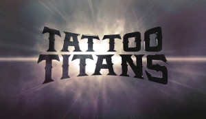 Title Card from Nashville, TN based CMT's Tattoo Titans TV Series intro video designed and animated by Nashville's ST8MNT employing dark black chrome metal median spur Amarillo typography set against a smoky light flare void of purples and creams