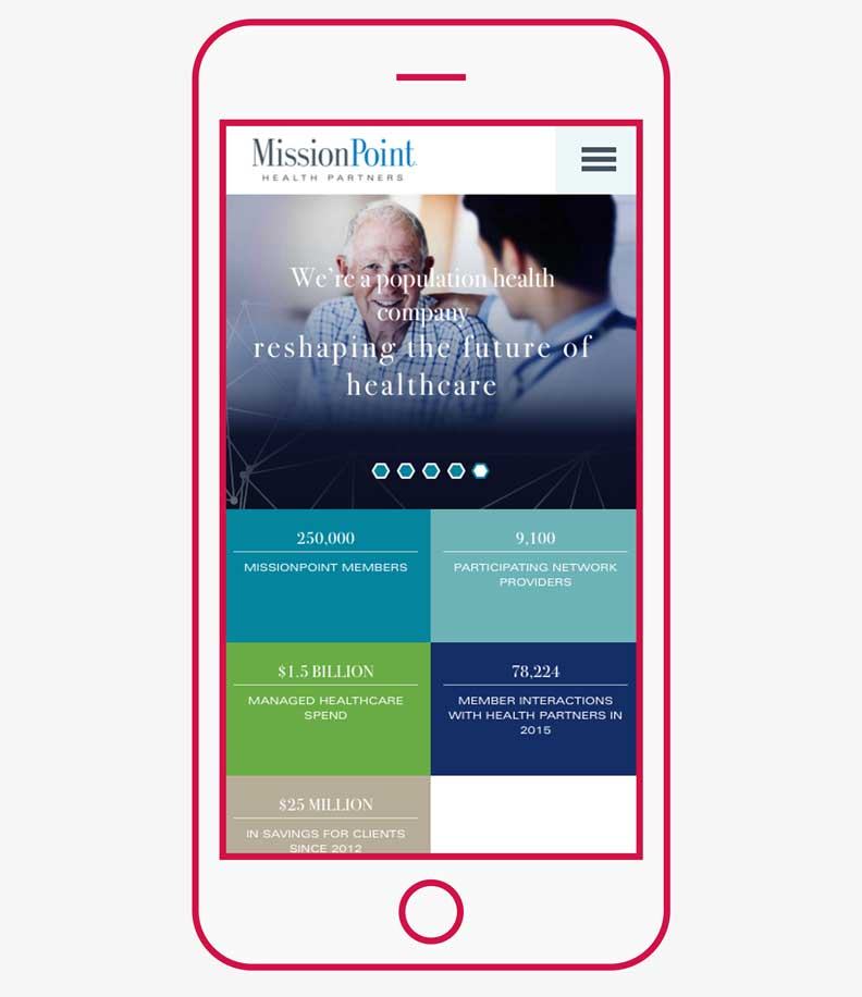 Responsive homepage design featured on mobile device for MissionPoint Health Partners in Nashville, Tennessee